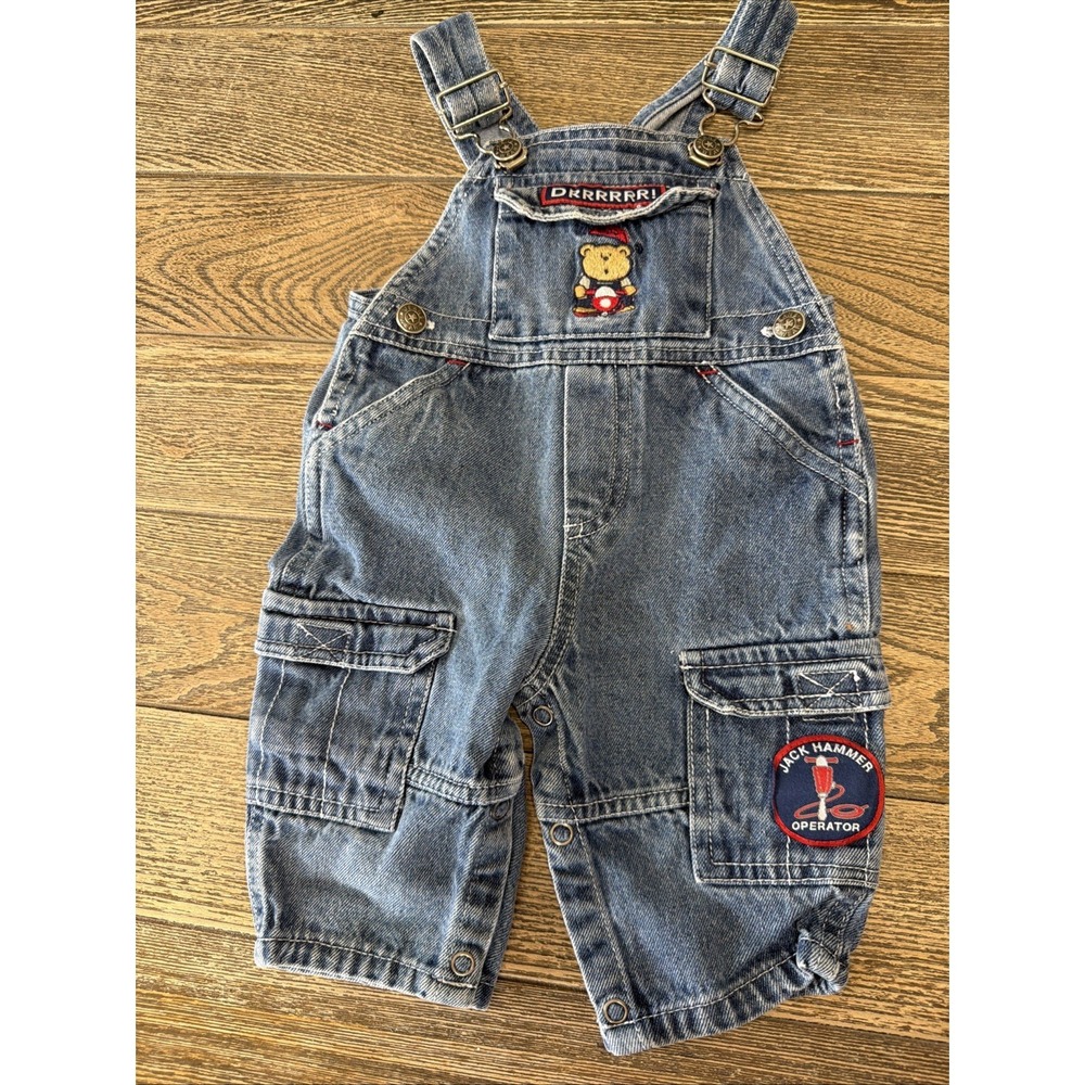 Y2K VTG Denim Overalls Baby Size 3-6 Months‎ Bear Patch Snap Bottom 100% Cotton
